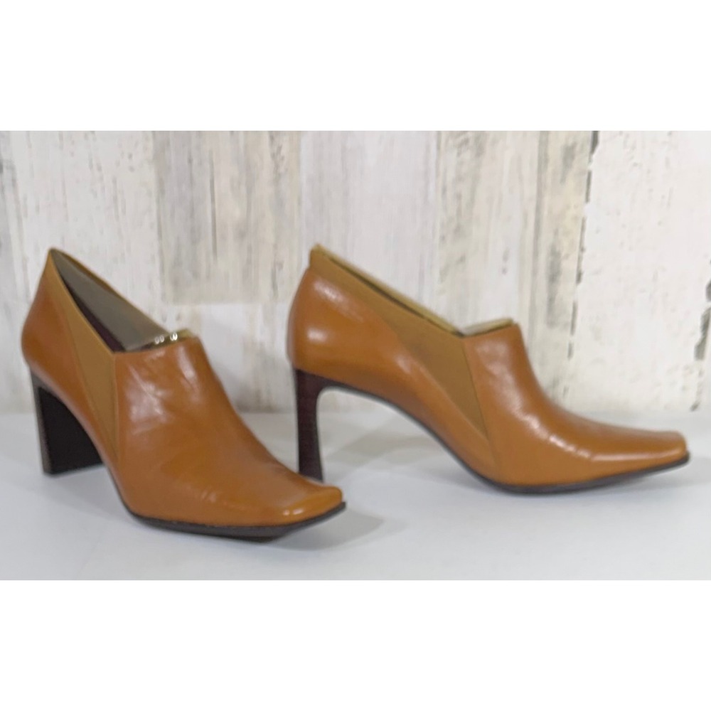 Nine West Leather Square Toe Block Heels 8 Tan Cognac Office Siren Dark Academia